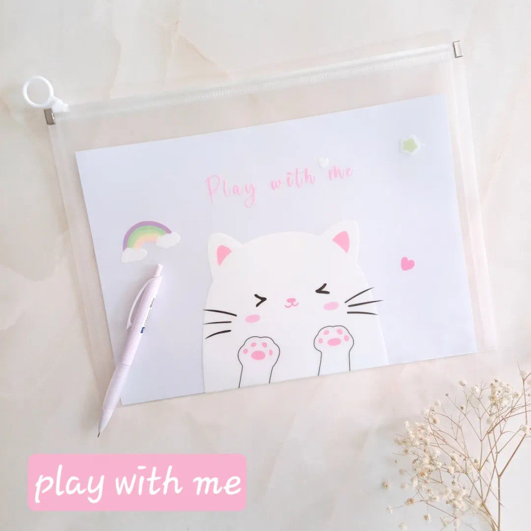 پوشه آ۴ شفاف زیپ دار مدل پیشی کیوت ، کاور A4 زیپ کیپ فانتزی