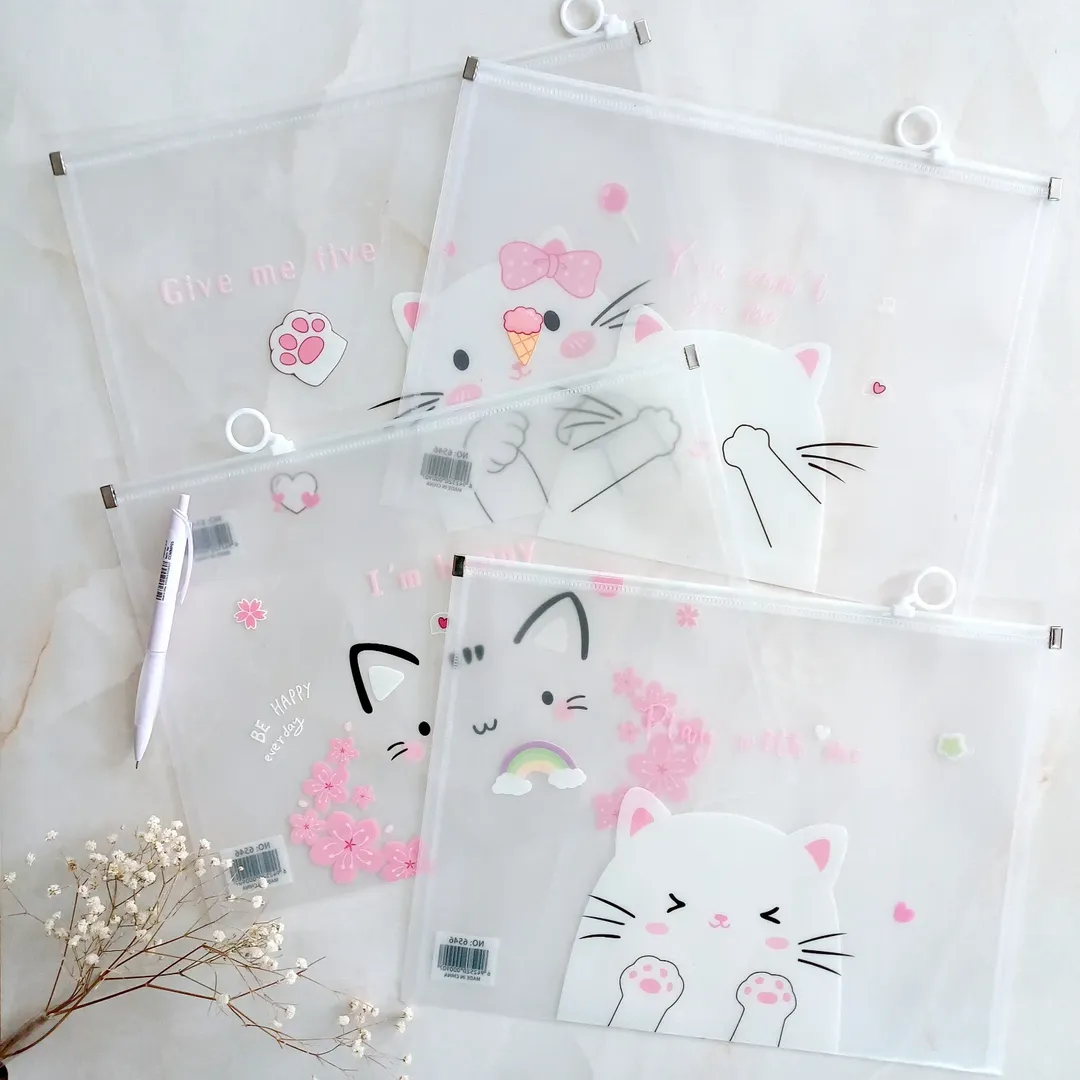 پوشه آ۴ شفاف زیپ دار مدل پیشی کیوت ، کاور A4 زیپ کیپ فانتزی