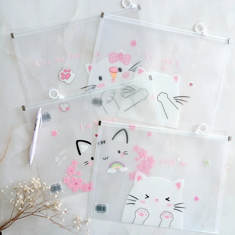 پوشه آ۴ شفاف زیپ دار مدل پیشی کیوت ، کاور A4 زیپ کیپ فانتزی