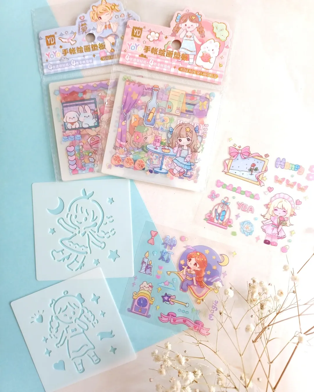 پک استیکر شفاف برش خورده ضد آب به همراه شابلون مدل دختر 4 ورق استیکر و 4 ورق شابلون پلاستیکی