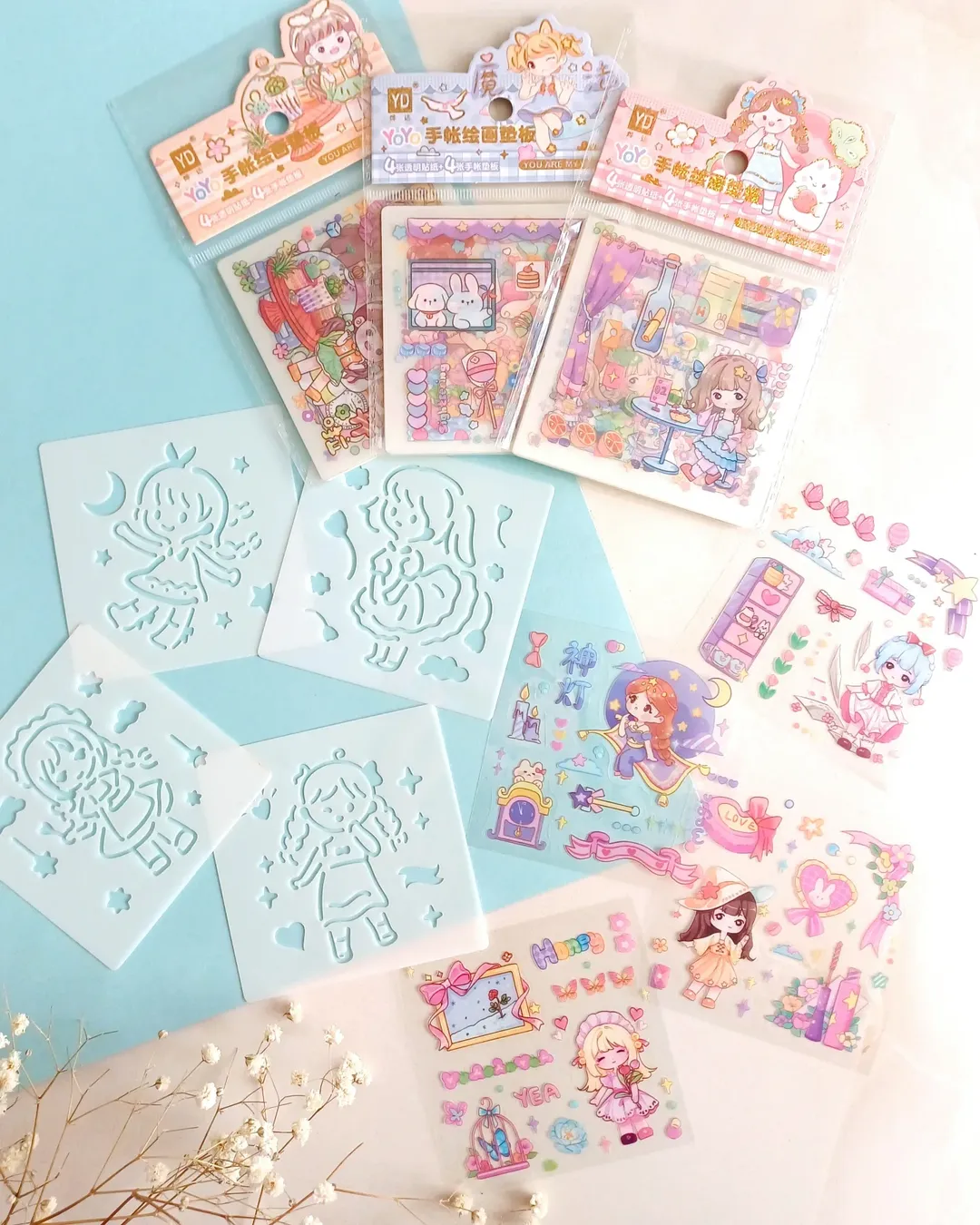 پک استیکر شفاف برش خورده ضد آب به همراه شابلون مدل دختر 4 ورق استیکر و 4 ورق شابلون پلاستیکی