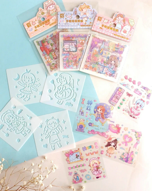 پک استیکر شفاف برش خورده ضد آب به همراه شابلون مدل دختر 4 ورق استیکر و 4 ورق شابلون پلاستیکی