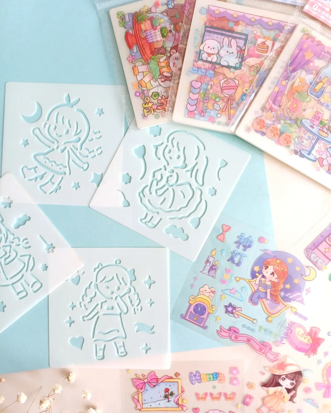 پک استیکر شفاف برش خورده ضد آب به همراه شابلون مدل دختر 4 ورق استیکر و 4 ورق شابلون پلاستیکی