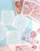 پک استیکر شفاف برش خورده ضد آب به همراه شابلون مدل دختر 4 ورق استیکر و 4 ورق شابلون پلاستیکی