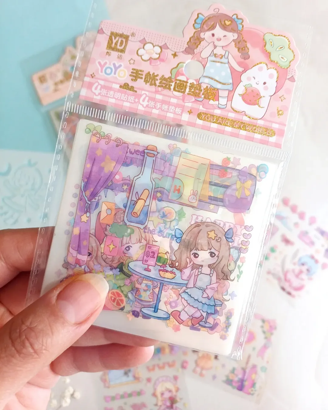 پک استیکر شفاف برش خورده ضد آب به همراه شابلون مدل دختر 4 ورق استیکر و 4 ورق شابلون پلاستیکی